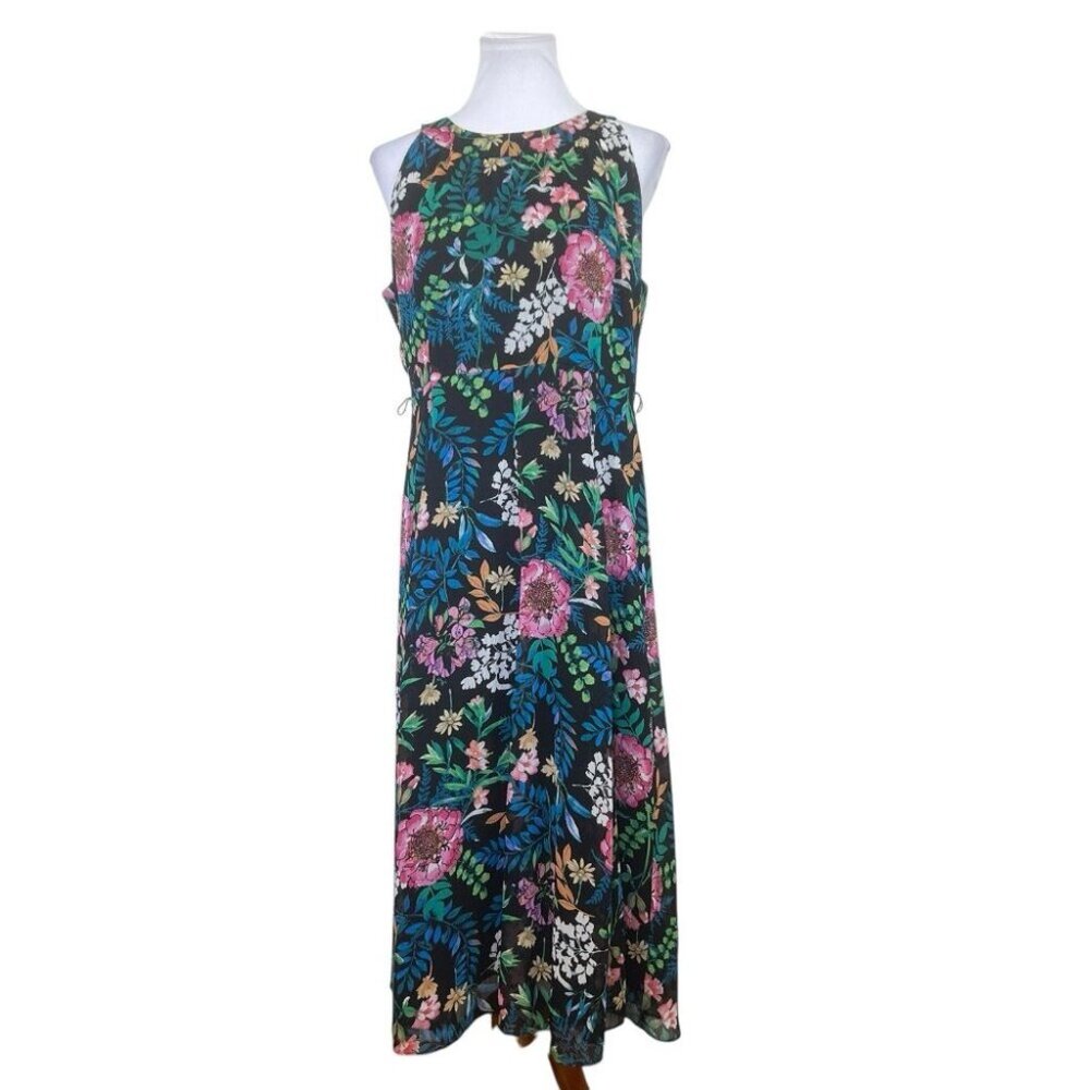 Tommy Hilfiger Black Floral Chiffon Sleeveless Zip Trapeze Dress 12 boho No Belt - Picture 3 of 10